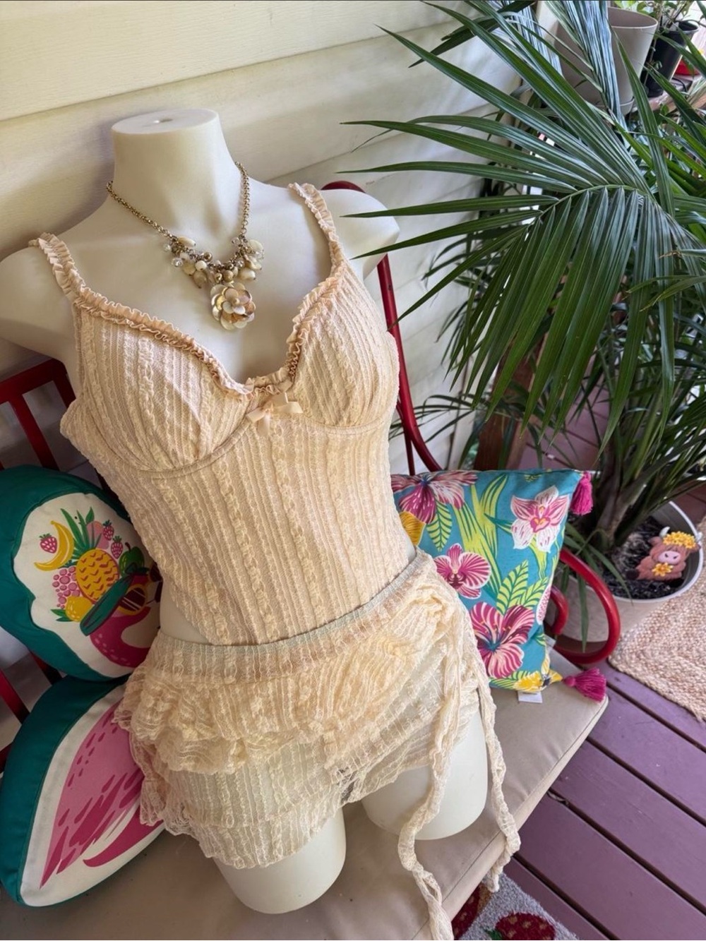 Vintage-Inspired Cream Lace bathing suit & Skirt Set